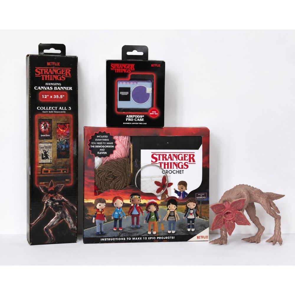 Stranger Things Collector Lot Crochet Kit, Banner, AirPods Case + Dart DemoDog